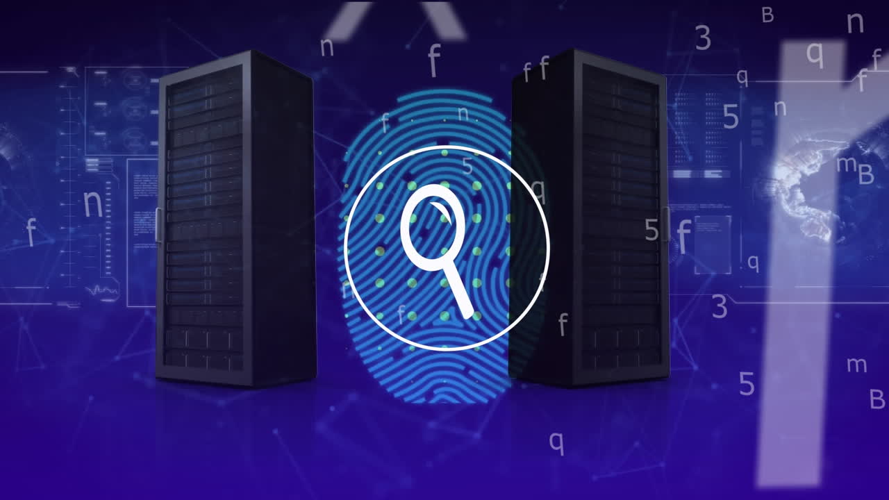 animación del icono de la lupa digital, los servidores informáticos y el procesamiento de datos