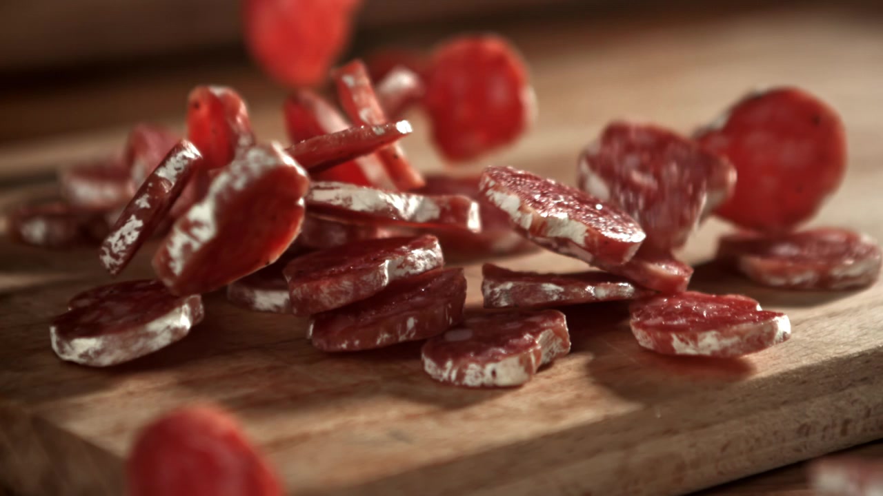 Fette di salame che cadono su un tagliere di legno al rallentatore