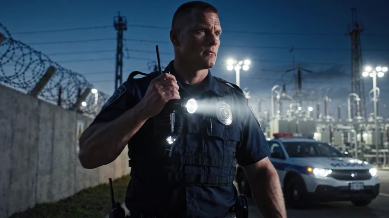 A determined officer walks through a secured facility at dusk, vigilant in his duty as shadows deepen and electrical towers loom in the background, highlighting the tension of the moment.