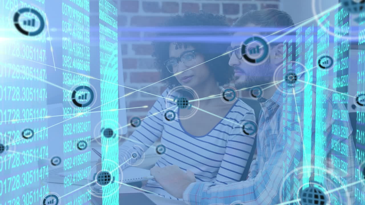 animación de la red de conexiones con iconos y procesamiento de datos sobre diversas personas de negocios