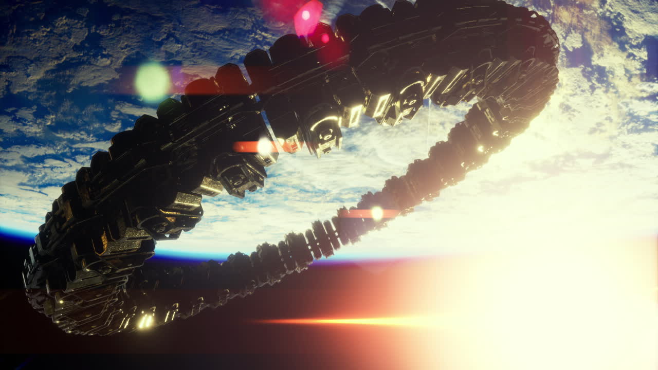 Space station orbiting earth at sunset with glowing lights and structure