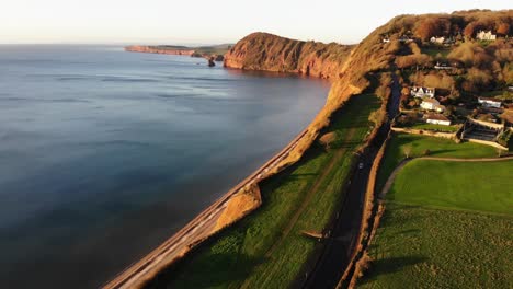 drone view of the england seashore countryside on a peaceful sunny late afternoon