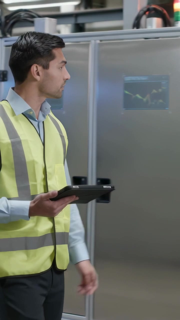Vertical video: Entering left, tech in vest using tablet and checking controls on line, copy space