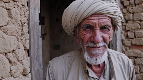 senior farmer with traditional turban standing at rustic house entrance, radiating warmth and deep contentment through weathered facial expression and peaceful demeanor