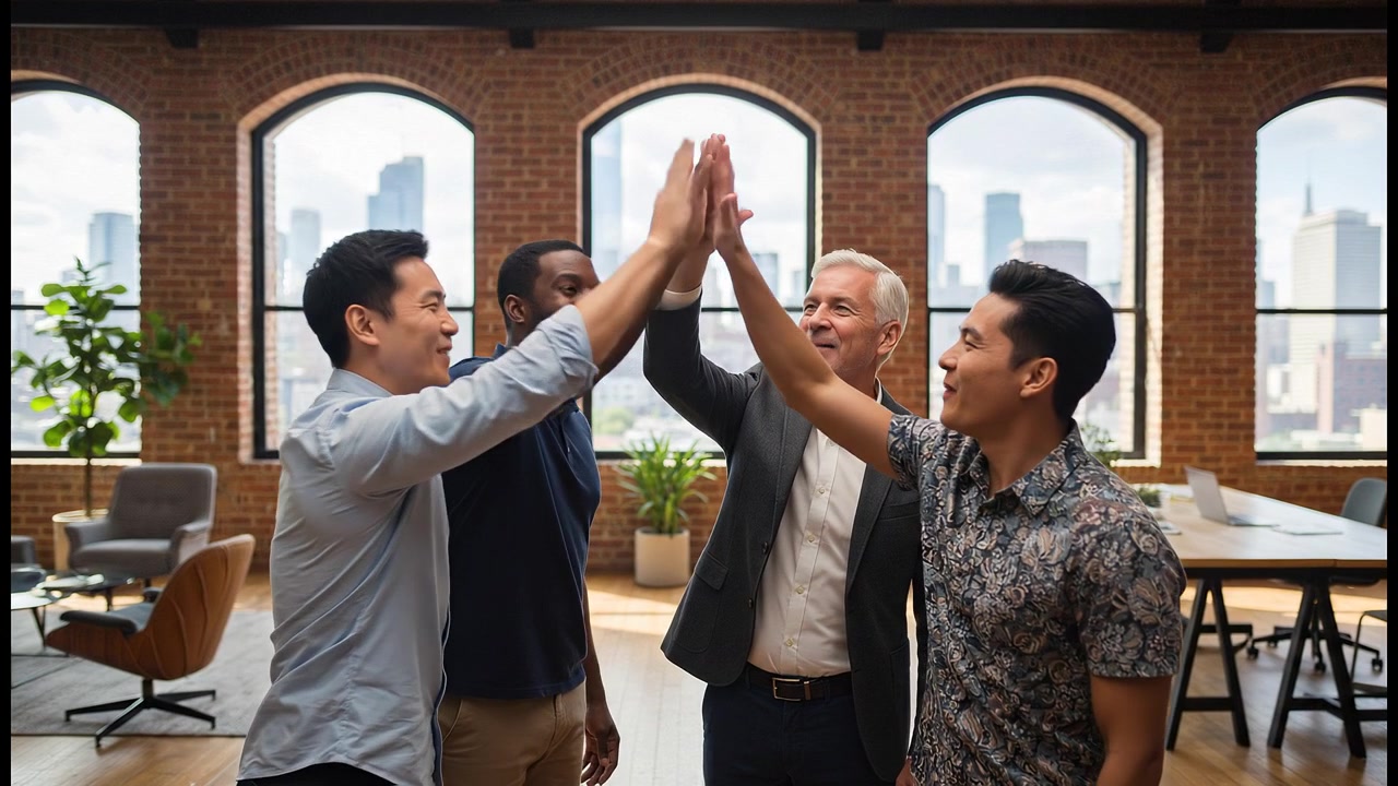 Diverse business professionals celebrating successful teamwork with energetic high five inside modern office