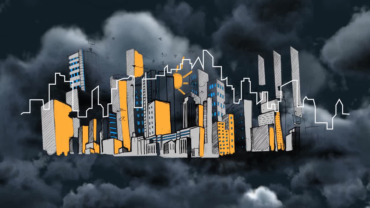 Animazione di contorno con illustrazione di paesaggio urbano che si muove sopra nuvole tempestose