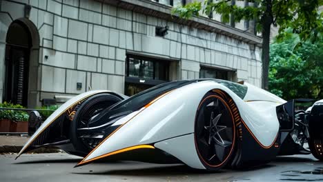 un coche futurista estacionado en el lado de una calle