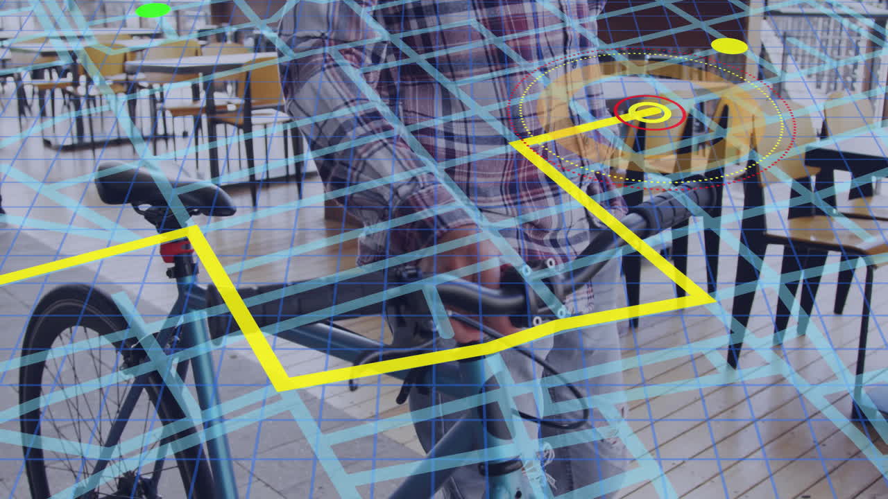 animación del mapa de la ciudad sobre un hombre biracial caminando en bicicleta