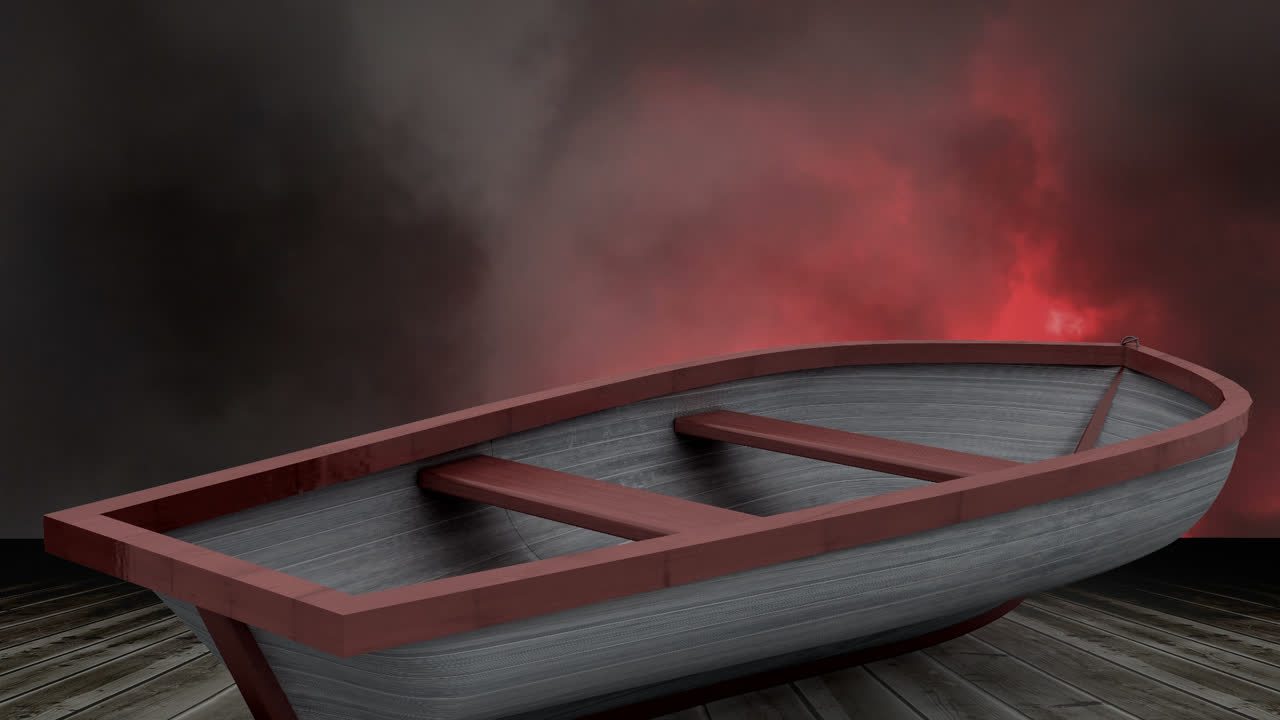 анимация лодки на деревянной поверхности с красной молнией и облаками на небе