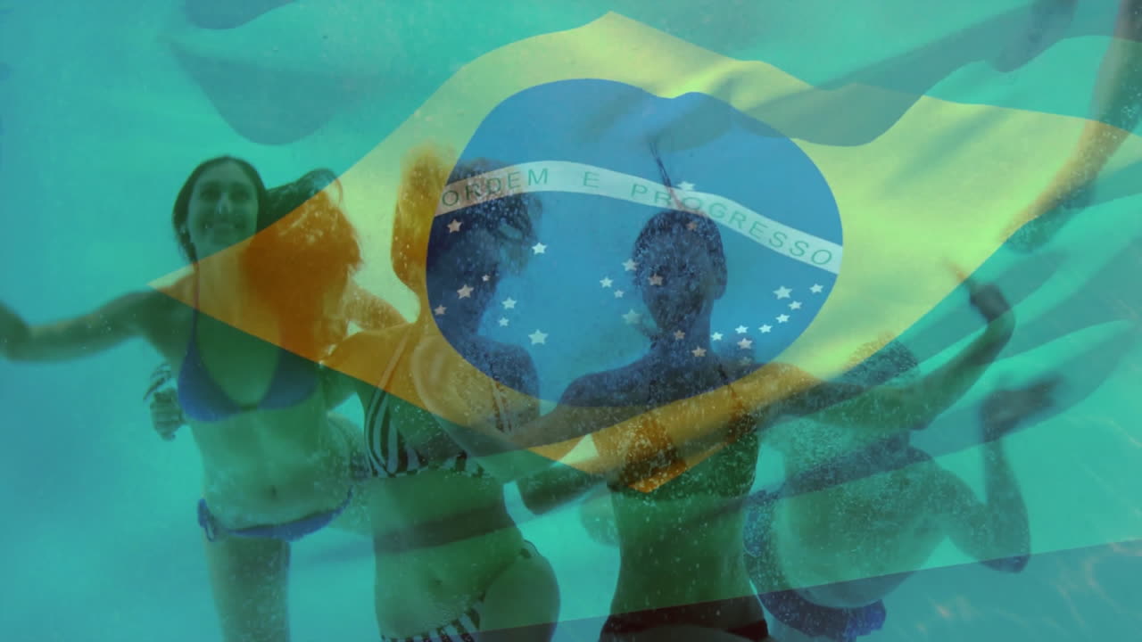 Swimming underwater, people with Brazilian flag animation overlay in vibrant scene