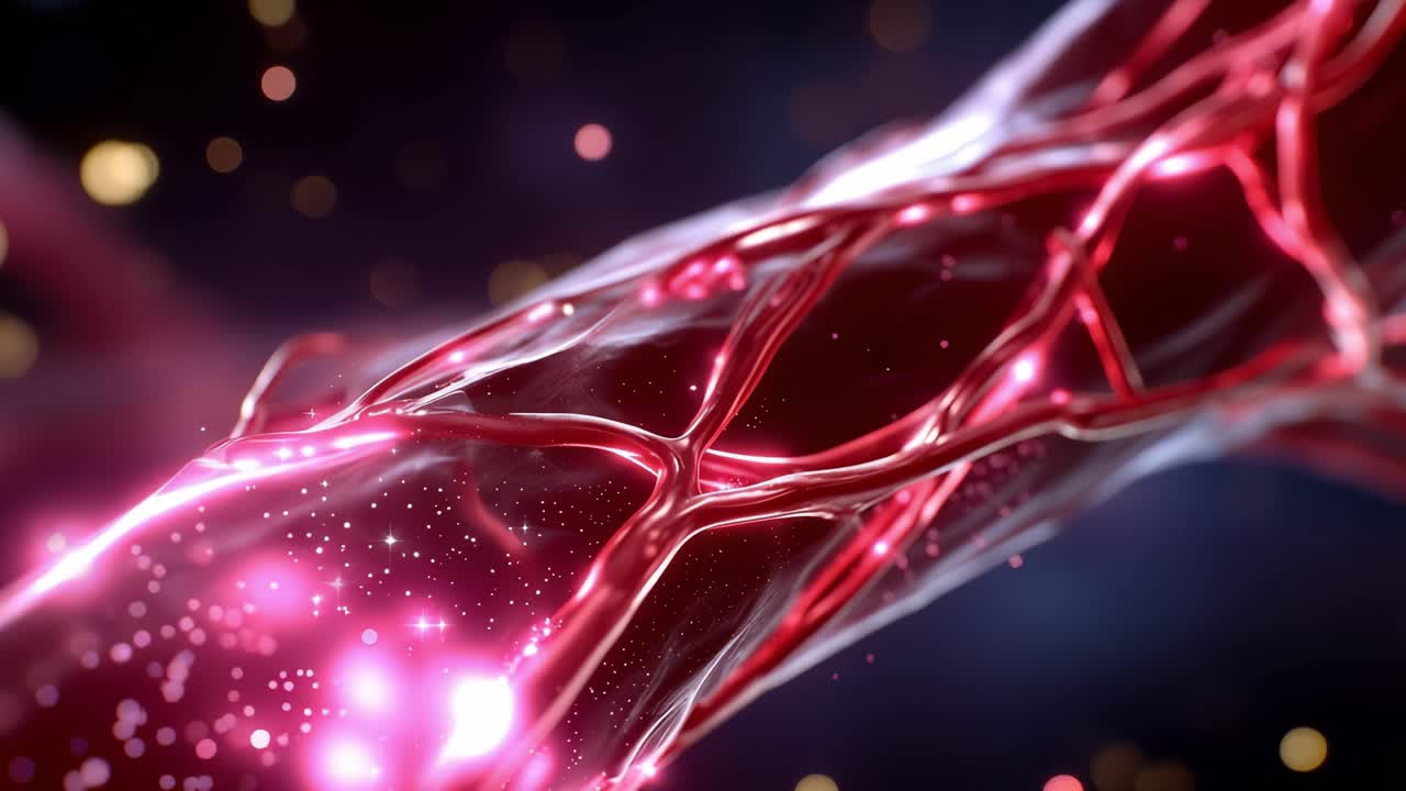 Primo piano di vasi sanguigni intricatamente dettagliati che mostrano tonalità rosse vivaci e uno sfondo etereo, evidenziando la bellezza delle strutture biologiche in movimento