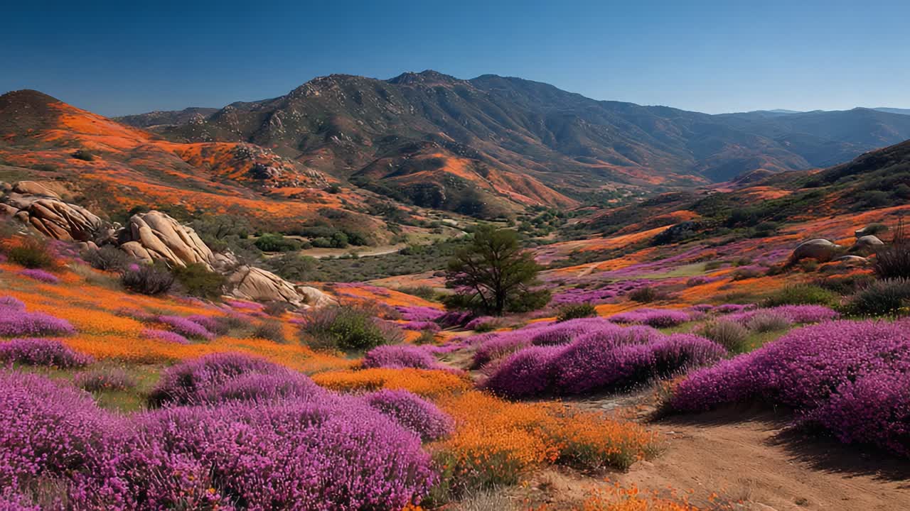 A Vivid Landscape of Colorful Wildflowers Springs to Life Amidst Majestic Mountains and Rolling Hills, Inviting Nature Lovers to Explore Its Vibrant Beauty