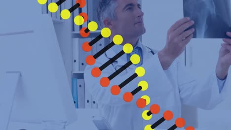 Animación-De-La-Cadena-De-ADN-Sobre-El-Médico-Usando-La-Computadora.