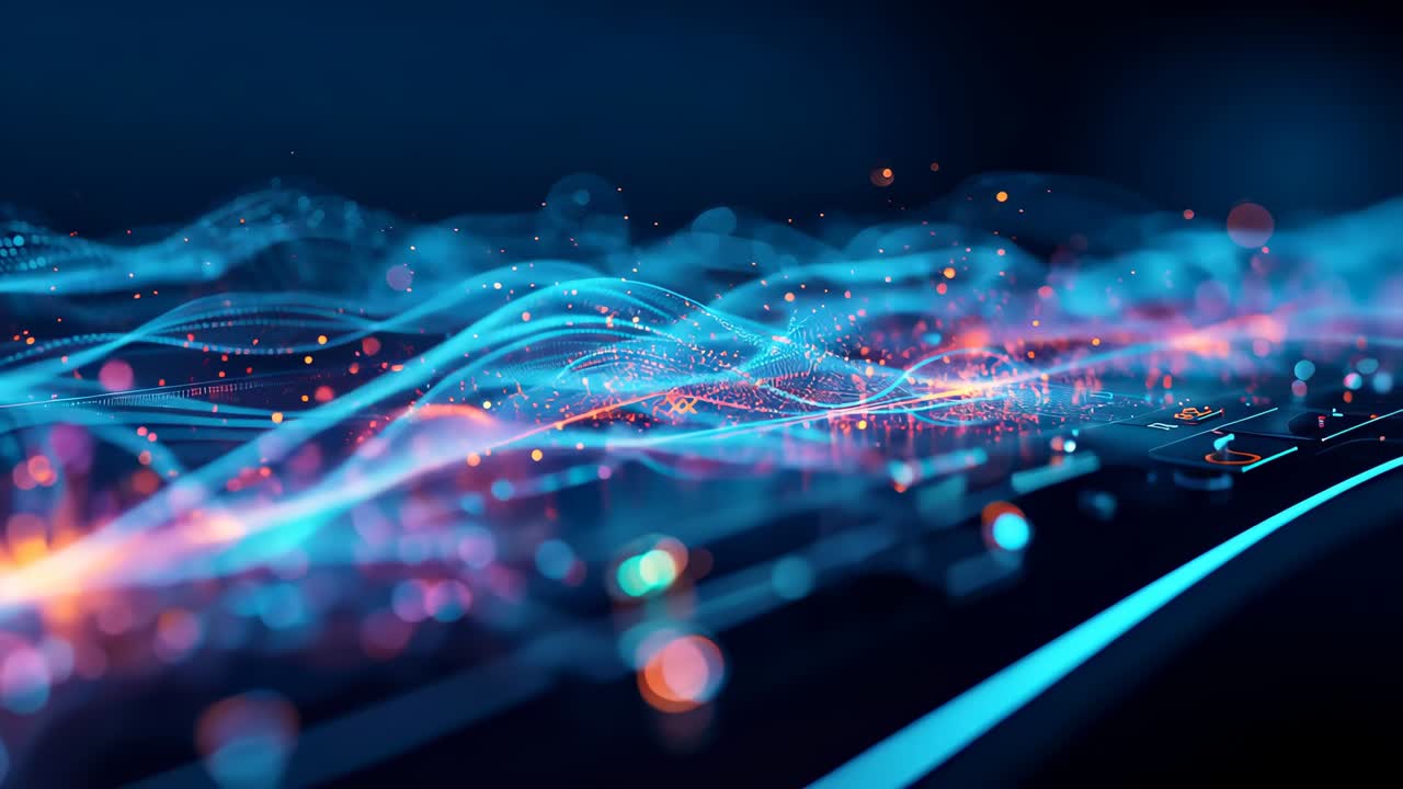 Brightening neon-blue lines rippling waves across void, with orange-pink sparks and glowing nodes