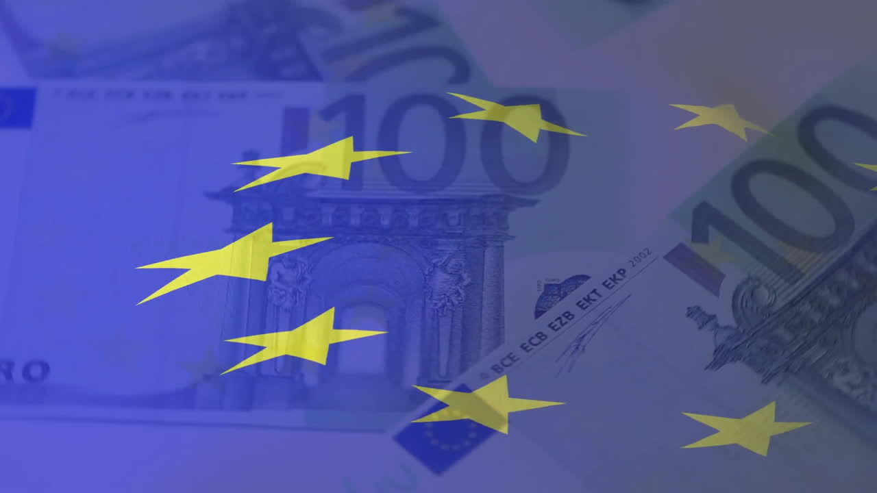 유럽 연합의 발이 유로 화폐 지폐 위에 있는 애니메이션