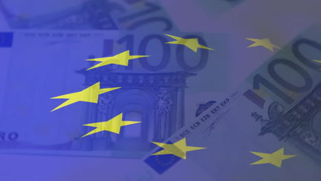 animation of flag of european union over euro currency bills