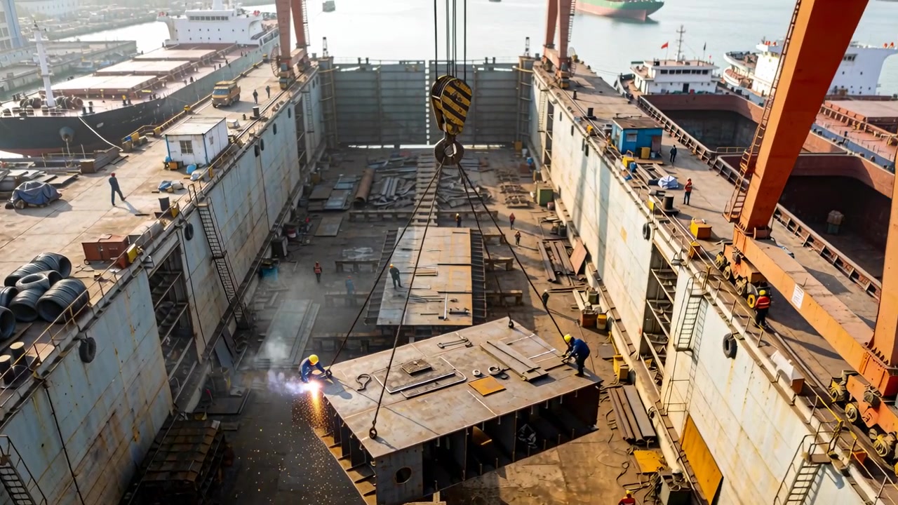 Centering hook starting gantry lowering steel module at dock, masked welders cutting for fitting