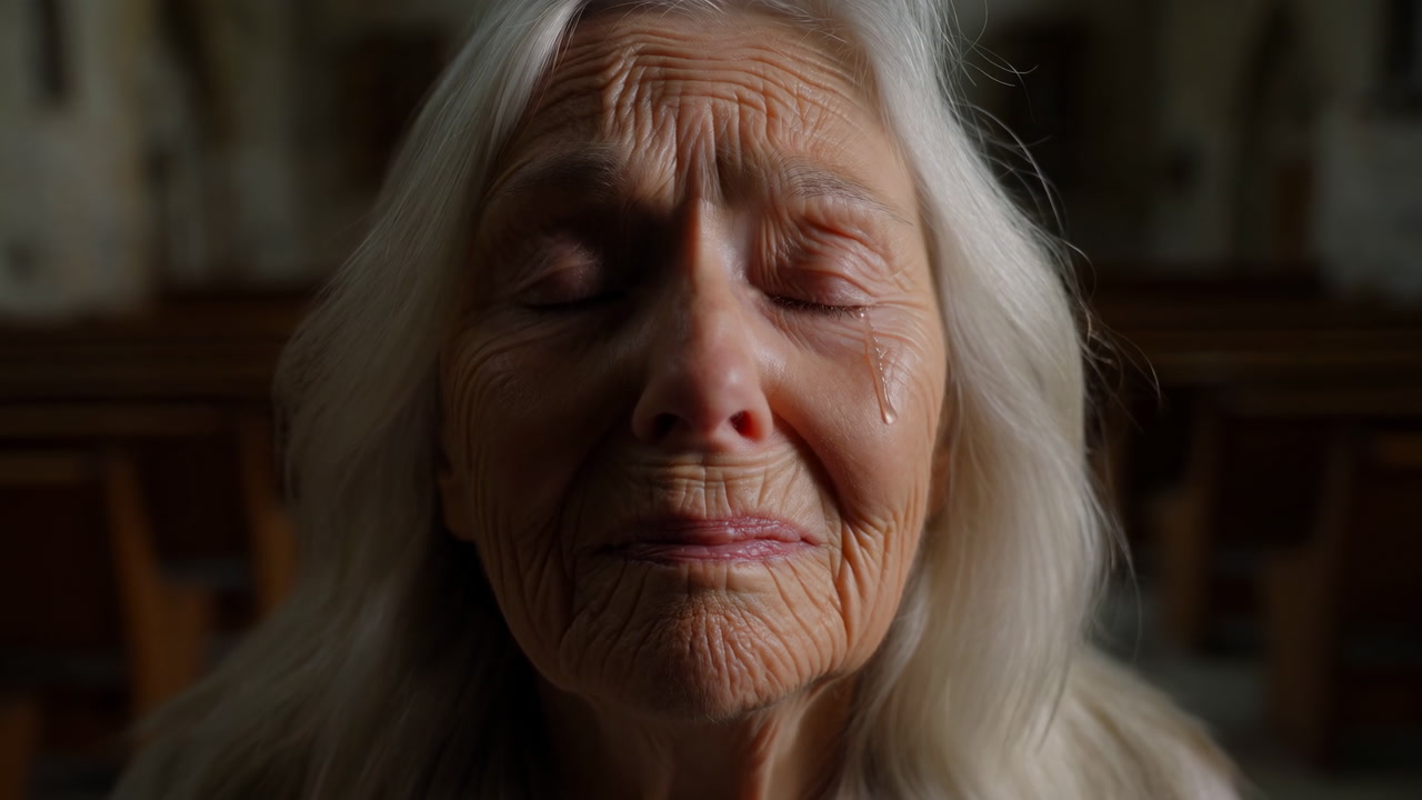 Elderly White Woman Praying Closely Eyes Closed, Tearful Inside Dim Church With Wooden Pews, Closeup Face