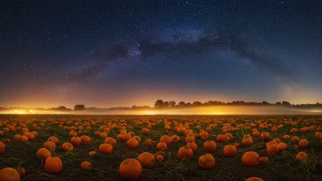 a breathtaking view of a pumpkin field under a starry night sky, showcasing glowing orange pumpkins amidst the milky way in serene twilight atmosphere