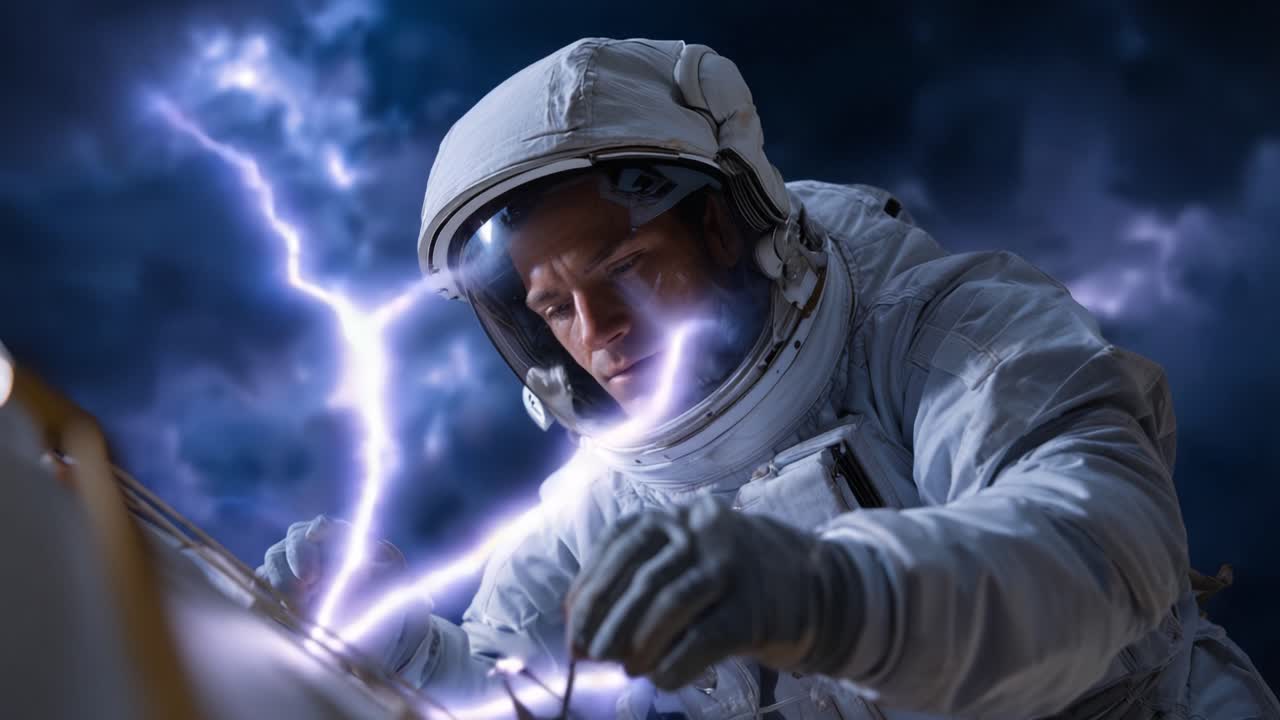En astronaut udfører kritiske opgaver i et tordenvejr, omgivet af mørke skyer og lyn, hvilket viser intensiteten af rummissioner og udforskning.