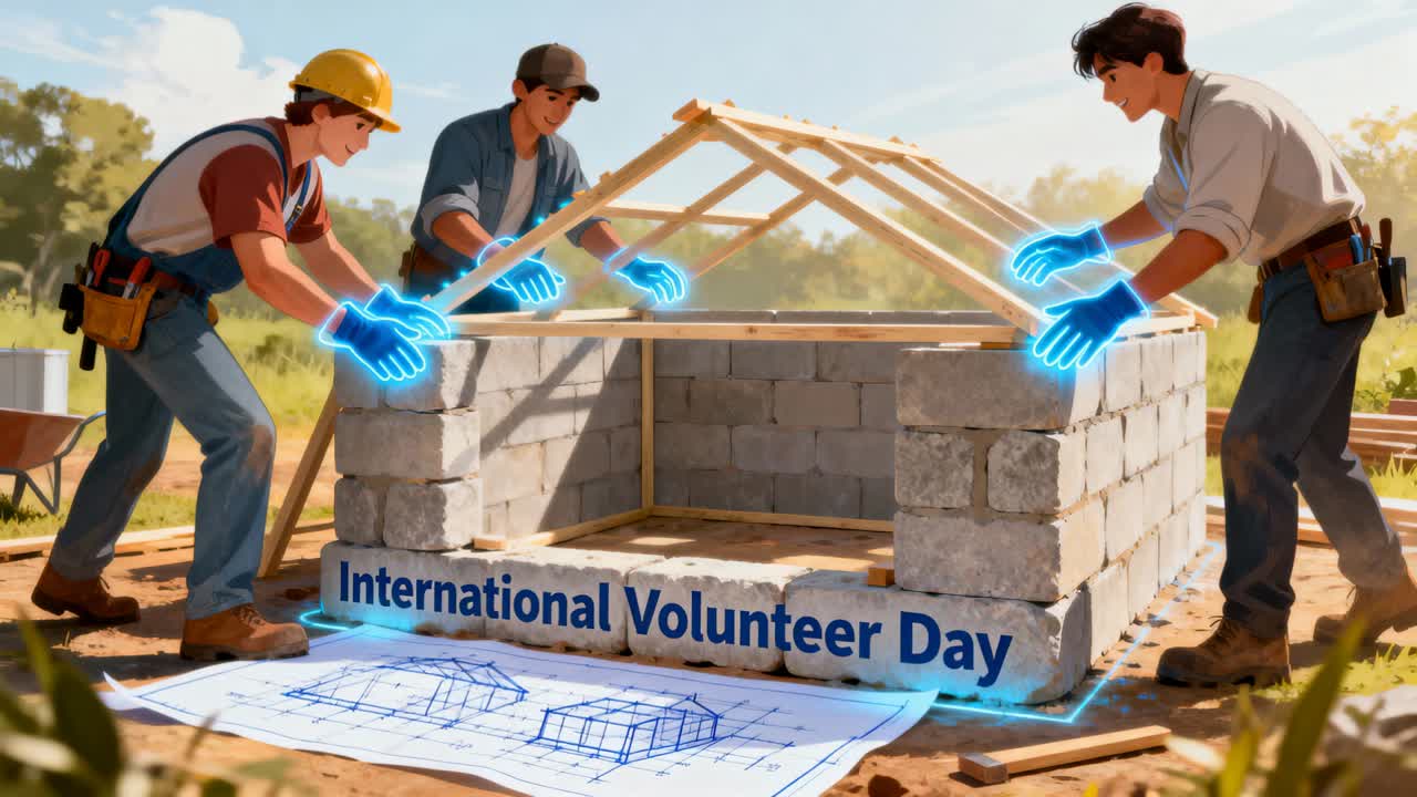 Plan spurring three men in boots lowering truss onto block walls for International Volunteer Day