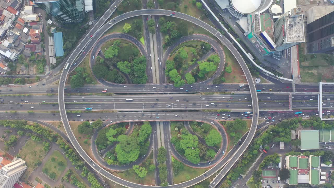 Aerial View of a Complex Highway Intersection with Lush Green Spaces