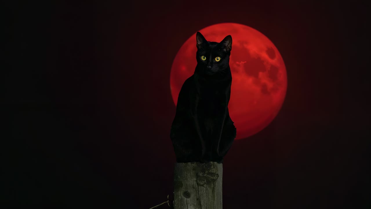 Sich vorschiebende Frames, die dazu führen, dass eine hockende schwarze Katze Kopf und Ohren auf einem verwitterten Pfosten unter einem roten Mond bewegt