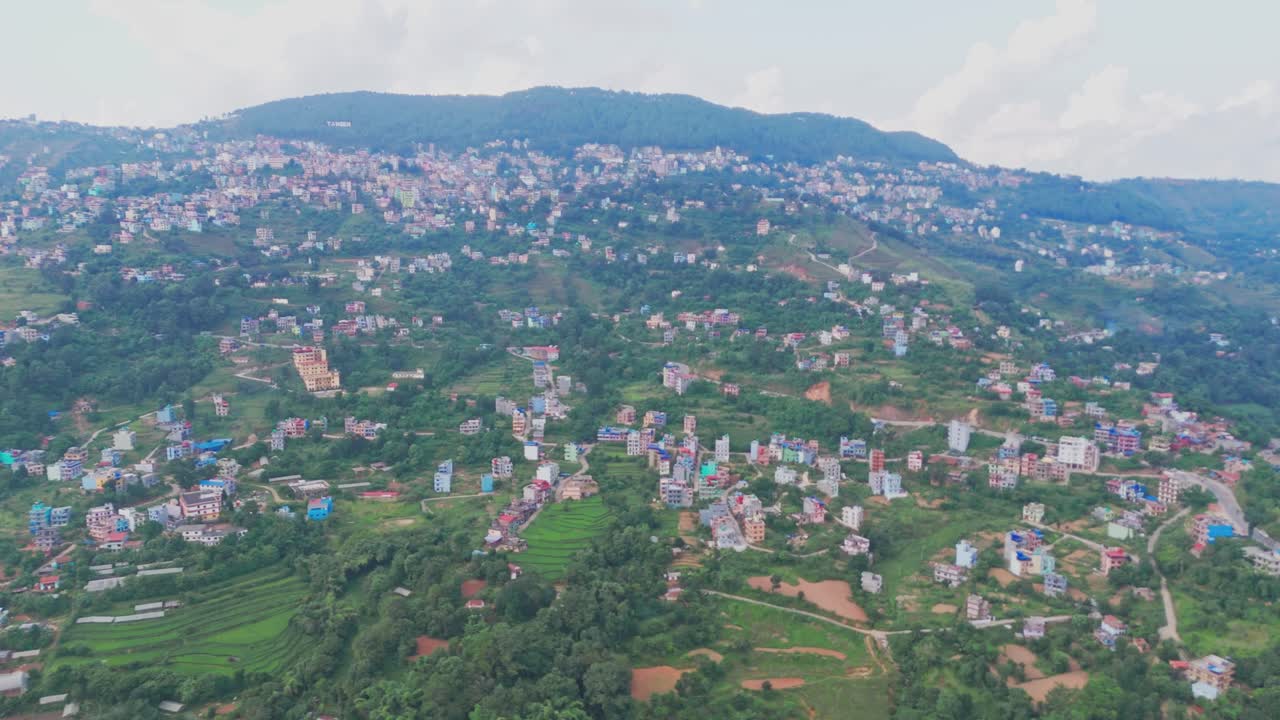 Aerial drone footage of Tansen, Palpa hill station in Nepal, showcasing panoramic mountain views, traditional houses, and the serene beauty of this historic hillside town