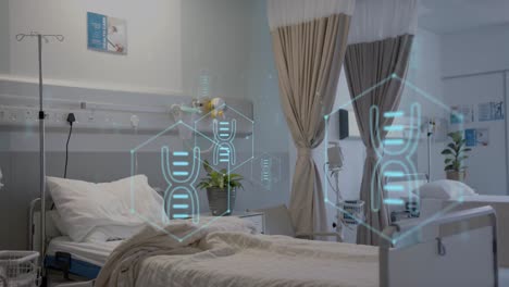 animation of network of medical icons and data processing over hospital bed