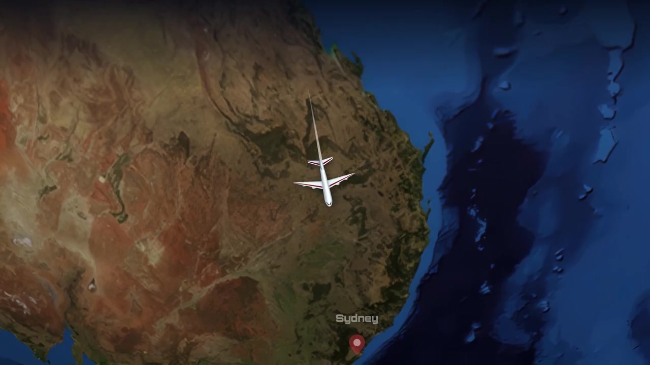 Satellite view animation follows an airplane flying from Tokyo Japan south to Sydney Australia