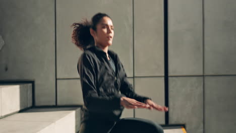 woman on steps for exercise, warm up and jump