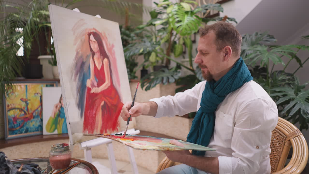 Man artist shapes contours of woman portrait. Creative painter demonstrates ability to capture intricacies of woman likeness with skill and precision