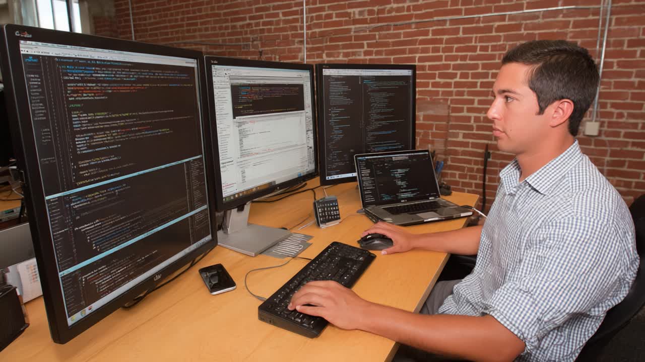 Focused Programmer Working at Multiple Monitors Analyzing Complex Code and Developing Software Solutions in a Modern Office Environment