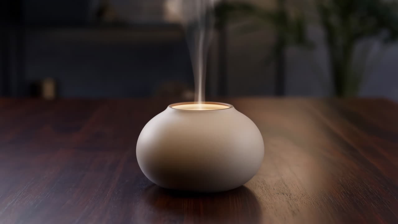 Modern Diffuser Emitting Vapor on a Wooden Table