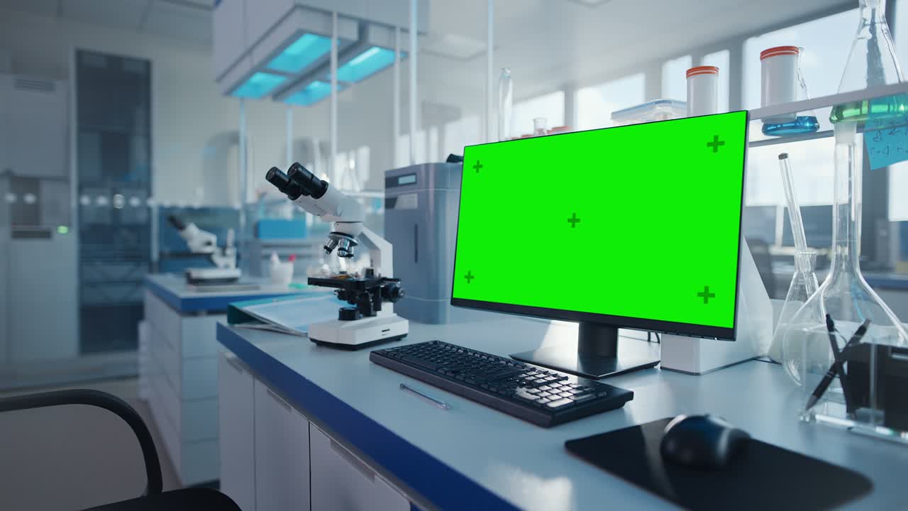 moderno laboratorio de investigación médica con pantalla clave de croma verde computadora. laboratorio científico, centro de ingeniería farmacéutica lleno de equipos de alta tecnología, tecnología para el desarrollo de vacunas. arco de establecimiento de disparo