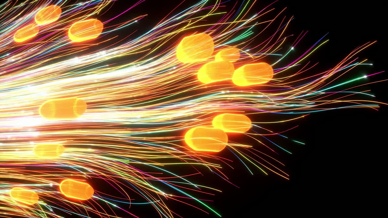 Explosion Of Colorful Flowing Fiber Lights, Warm Orange Bokeh Nodes Streaking Across Black Canvas, Festival