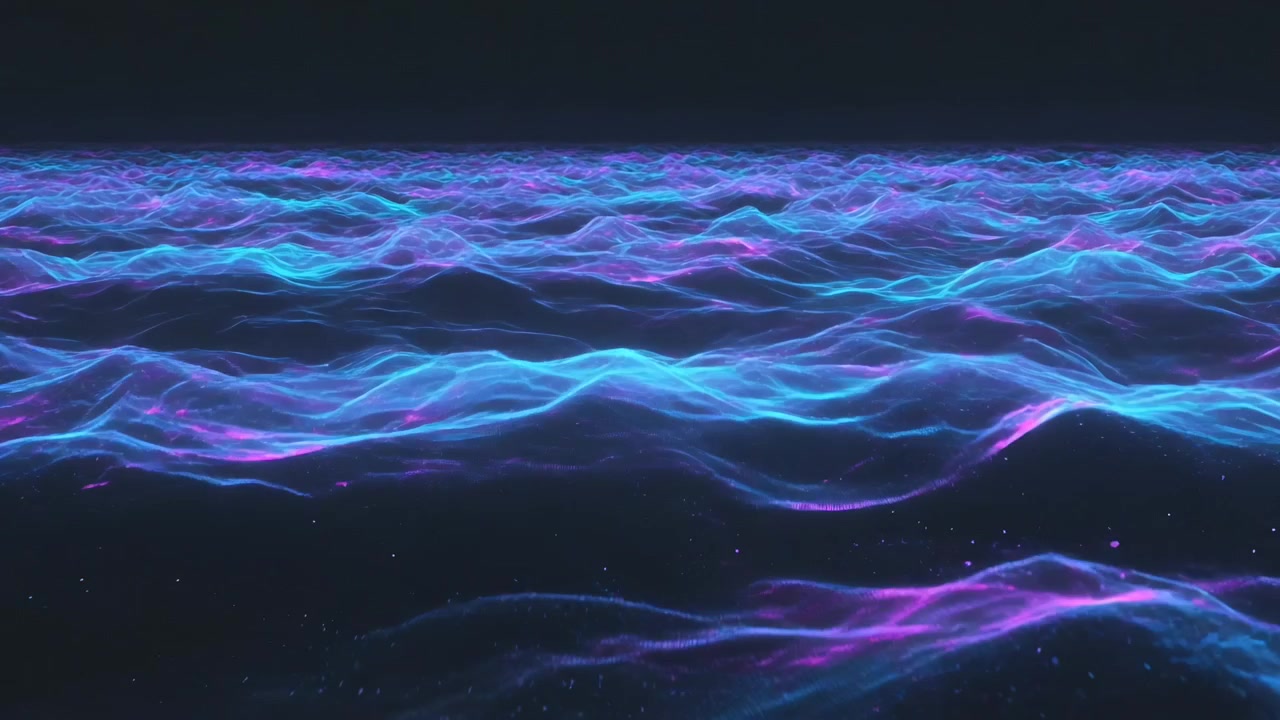 Animation starting, neon wave mesh rolling toward viewer in digital sea with drifting particles