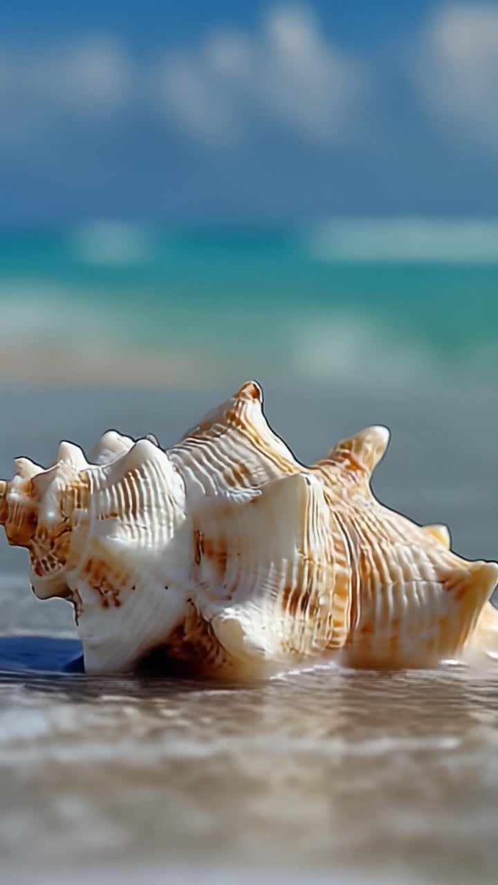 A beautifully detailed conch shell rests on the sandy beach, with gentle waves lapping at its base, capturing the essence of coastal beauty and tranquility