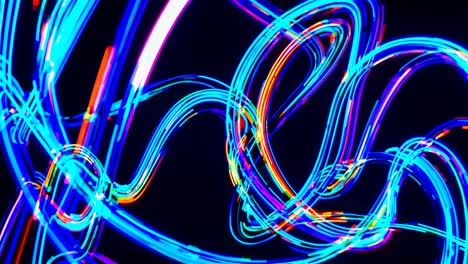 dynamic long-exposure video capturing vibrant, swirling neon lights against a dark background