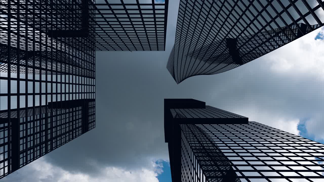 avión vuela sobre edificios de oficinas contra una nube de lapso de tiempo, hermosa animación 3d 4k video bucle