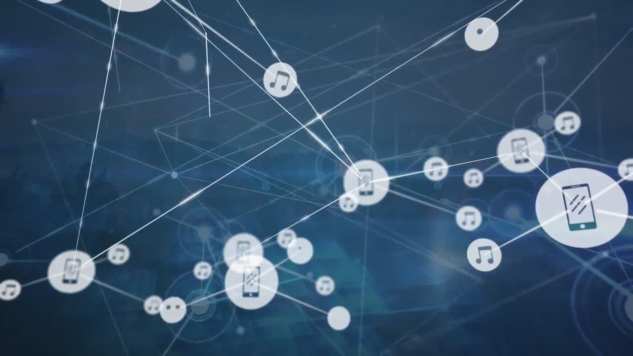 산과 나무가 있는 풍경을 배경으로 디지털 아이콘과 빛의 경로 네트워크의 애니메이션