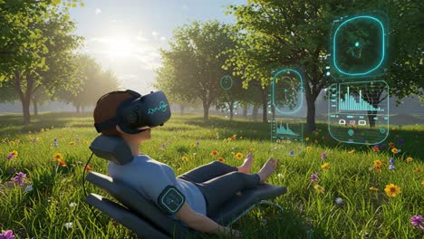 immersive virtual reality experience in a serene natural setting, showcasing a user relaxing and engaging with interactive digital interfaces amidst lush greenery and blossoming flowers
