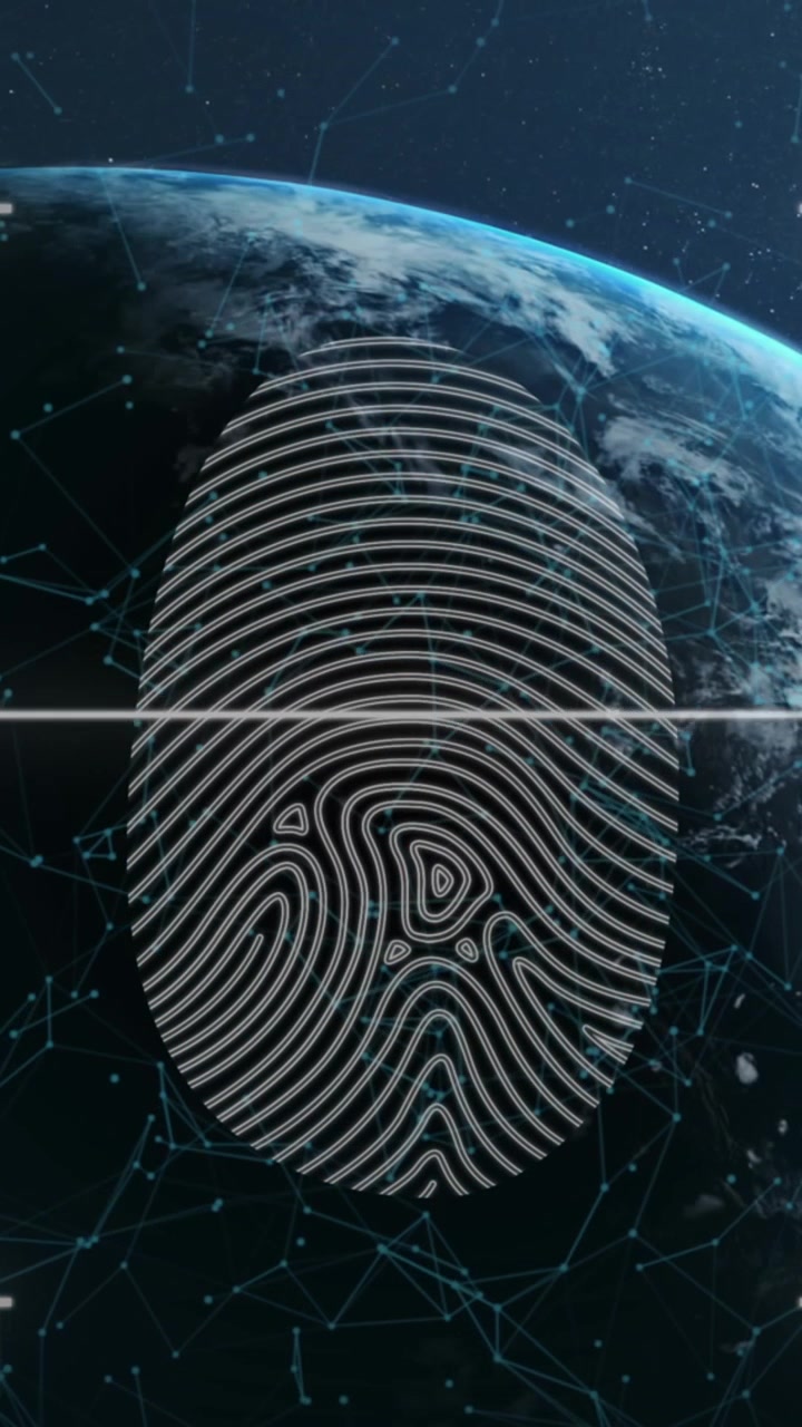 Animation of biometric fingerprint and scope scanning over globe