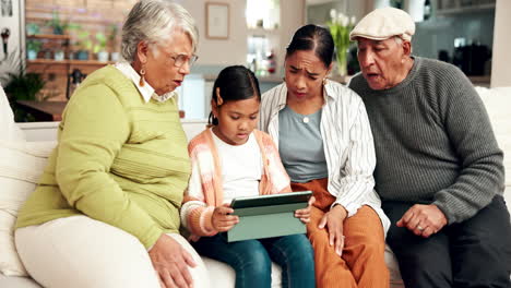 multi-generational family using a tablet together at home