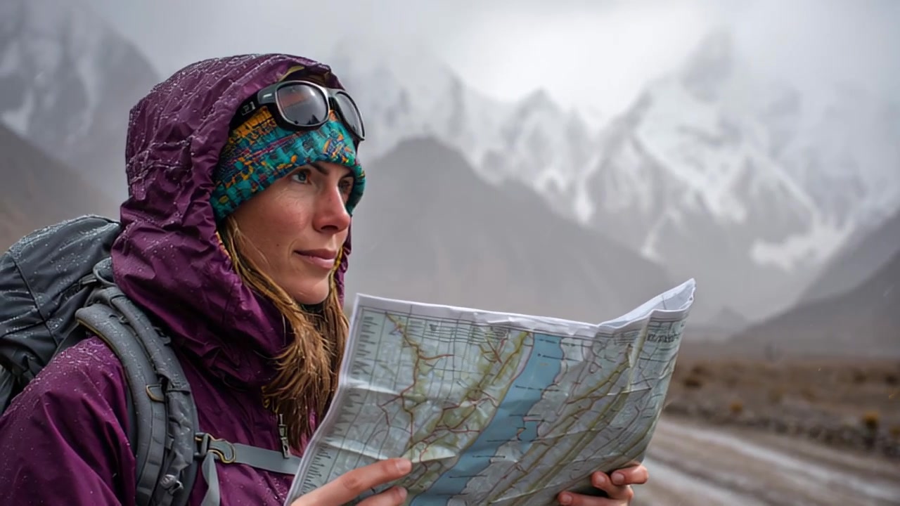 Nærbillede af en kvindelig backpacker, der holder et papirkort i et koldt, sneklædt bjerglandskab. Udendørs rejse-navigationskoncept med vintertøj og rygsæk