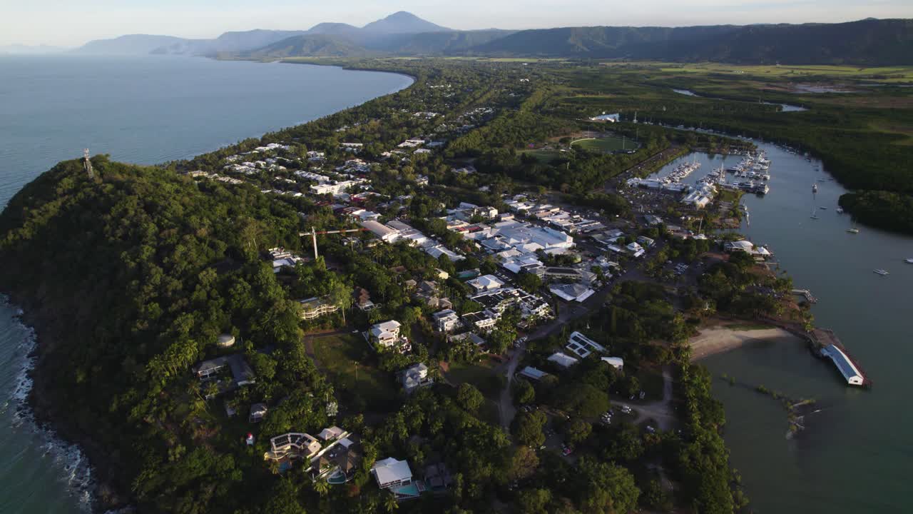 Establishing drone shot of Port Douglas, sunrise Queensland, Australia