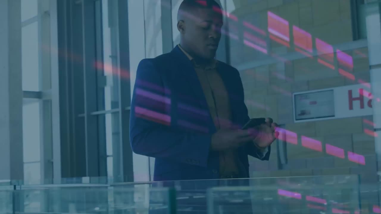 Animation of data processing over african american businessman using smartphone