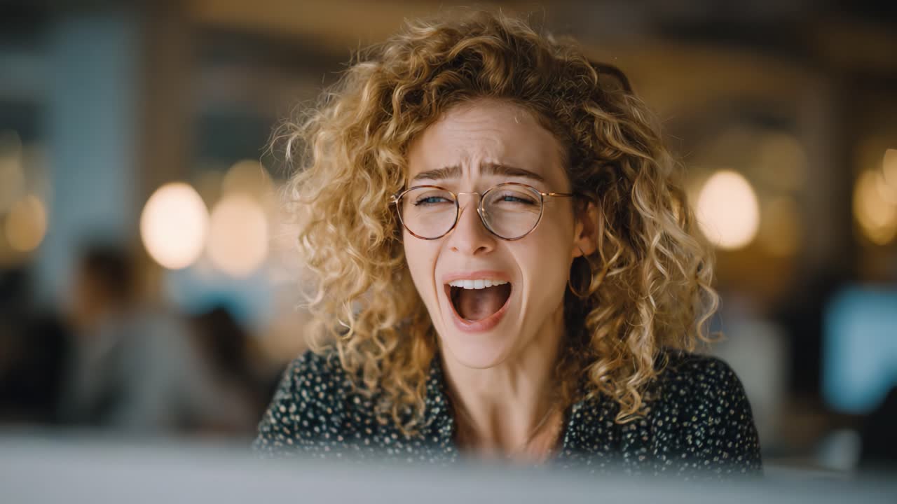 Overwhelmed and Distressed: A Young Woman Expresses Intense Emotion While Engaged with Her Computer in a Busy Office Environment