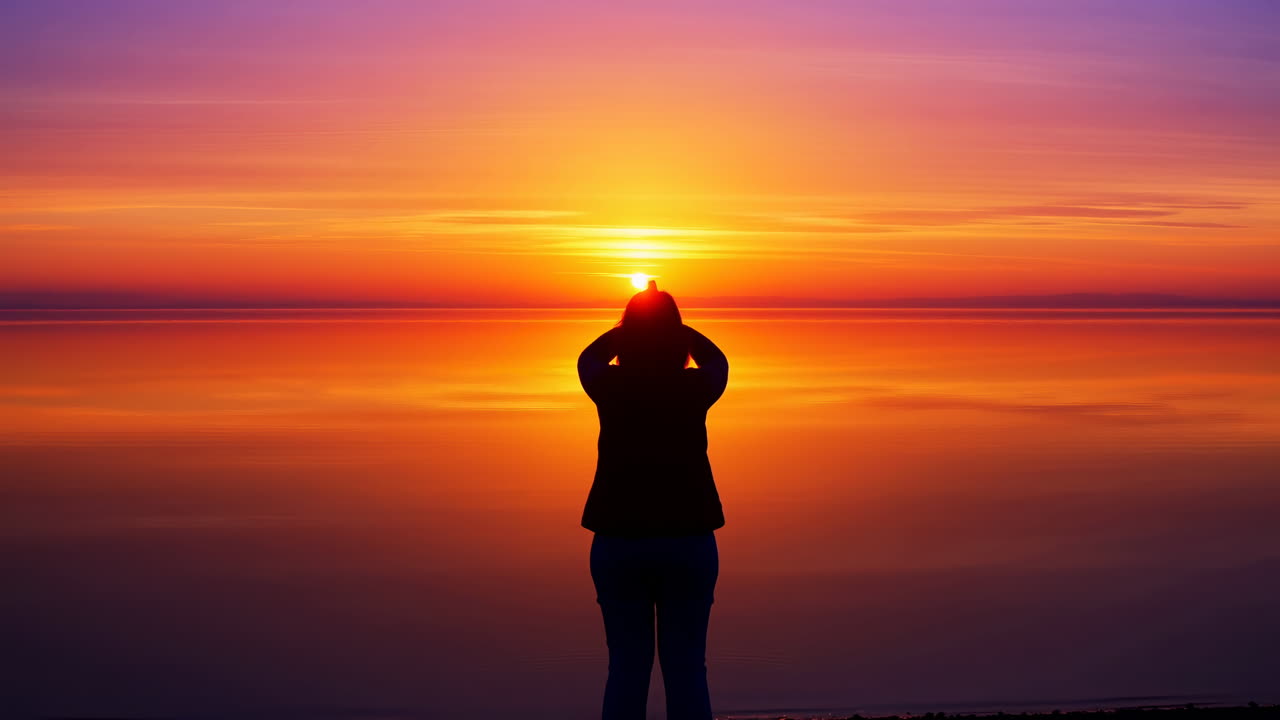 Silueta de persona practicando una postura de yoga al atardecer con colores vibrantes