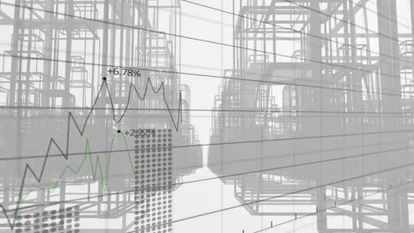 procesamiento de datos financieros contra la estructura de la ciudad 3d en fondo blanco